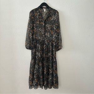 Black floral print midi dress. Button front size 2